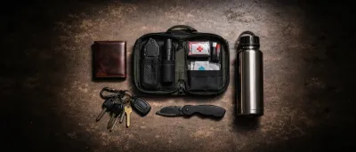 EDC-Ausrüstung auf dunklem Untergrund – Taschenmesser, Taschenlampe, Powerbank und Geldbörse