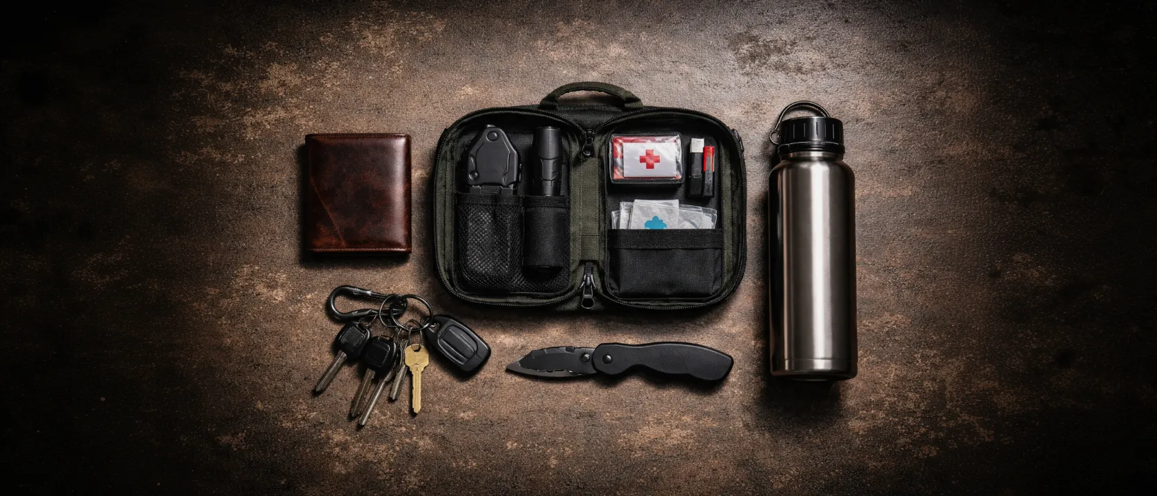 EDC-Ausrüstung auf dunklem Untergrund – Taschenmesser, Taschenlampe, Powerbank und Geldbörse