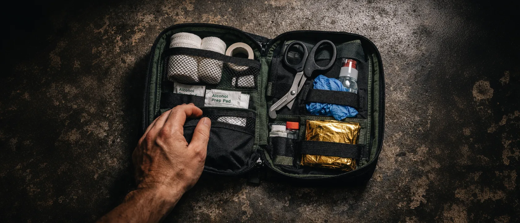 Geöffnetes Erste-Hilfe-Kit mit Verbandsmaterial, Handschuhen und Notfallzubehör