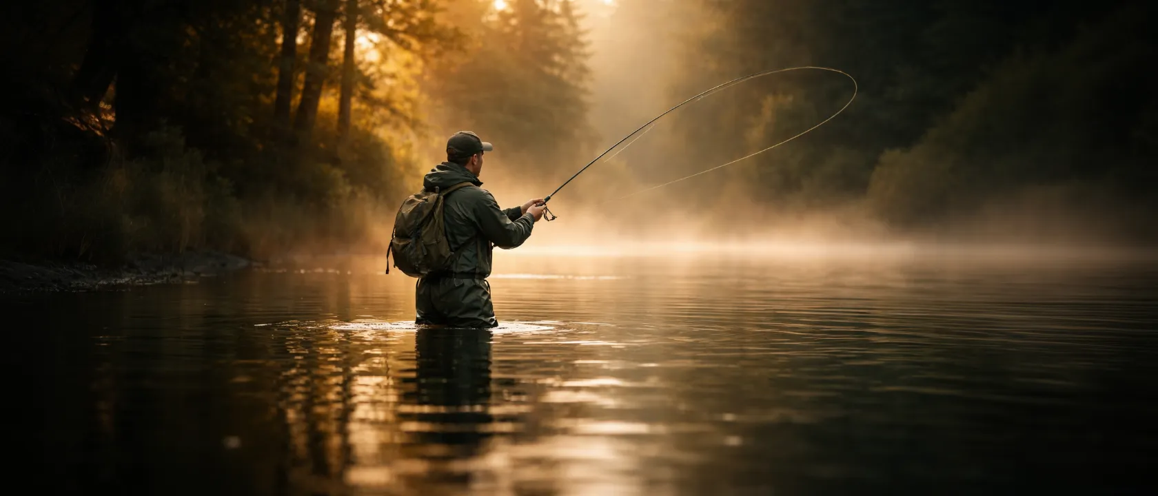 Angler am See bei Sonnenaufgang