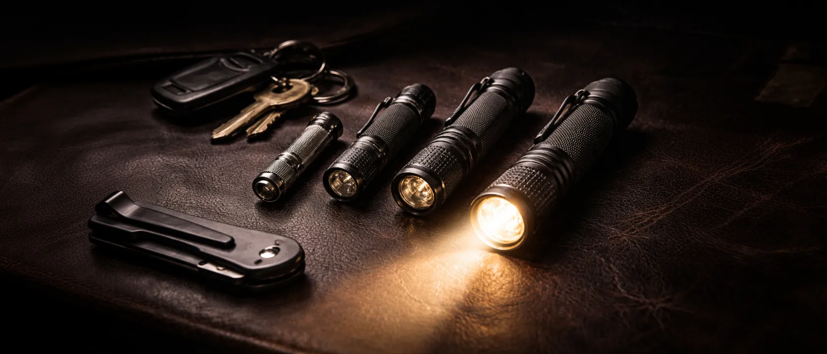 Kompakte EDC-Taschenlampen für die Hosentasche auf dunklem Untergrund