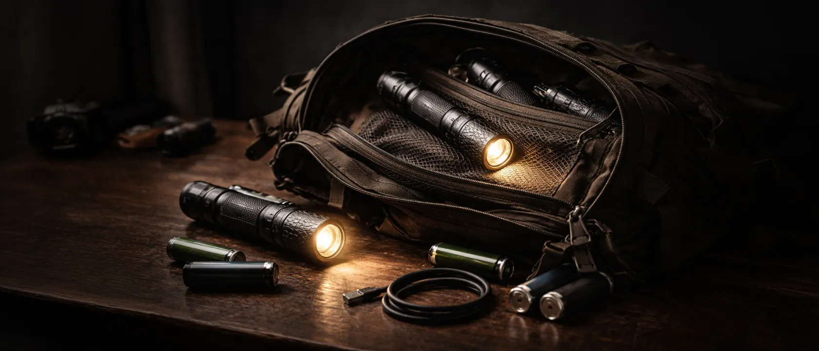 Robuste Taschenlampen für Krisenvorsorge auf dunklem Untergrund