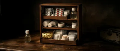 Geöffnete Hausapotheke mit sortierten Medikamenten, Verbandsmaterial und Erste-Hilfe-Zubehör