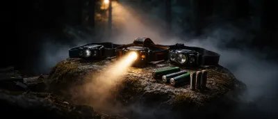 Fünf Stirnlampen verschiedener Marken auf dunklem Untergrund nebeneinander