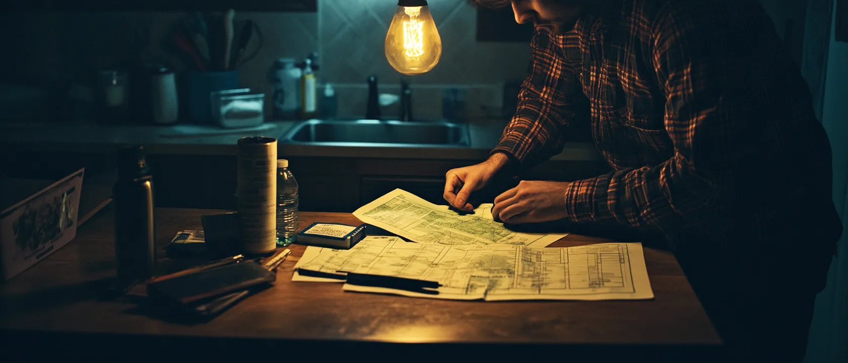 Notizbuch mit handgeschriebenem Notfallplan auf einem Küchentisch, warmes Licht