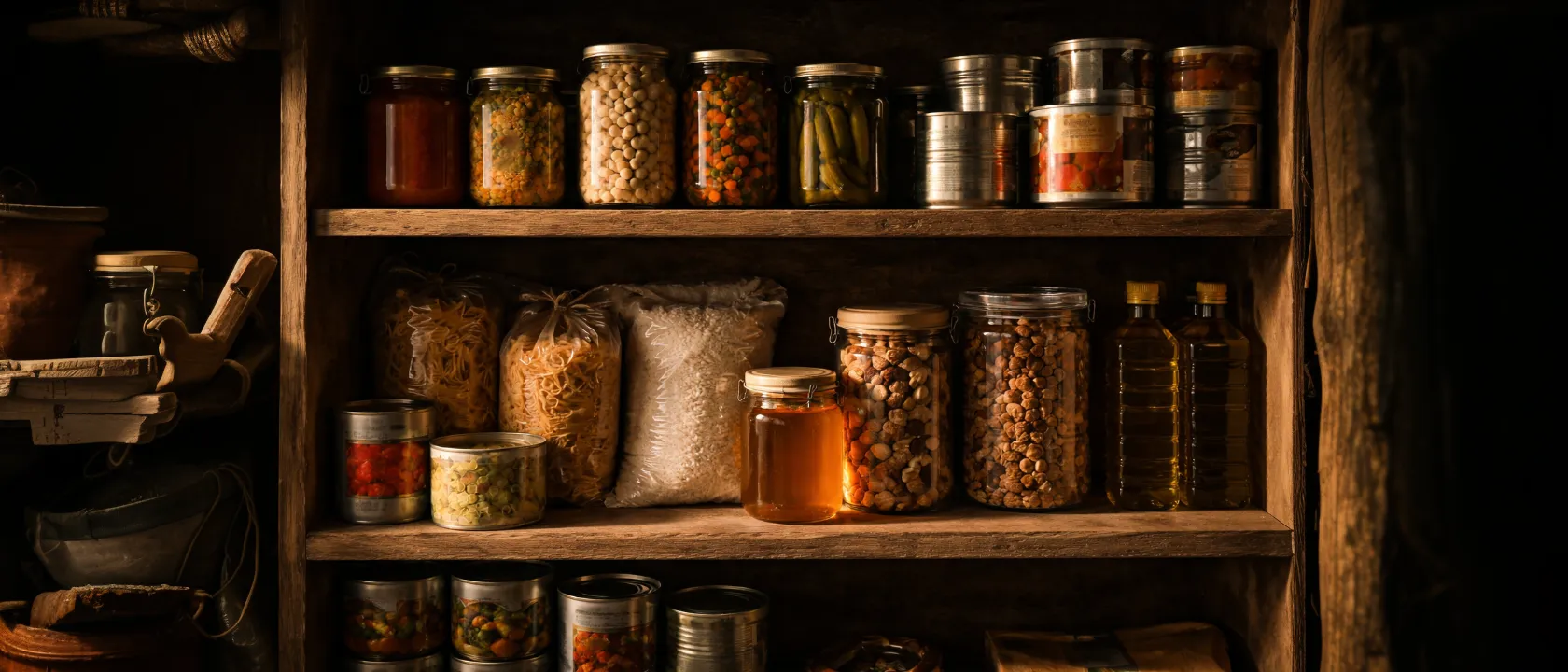 Regale mit ordentlich gestapelten Vorräten – Konserven, Gläser, Trockenwaren