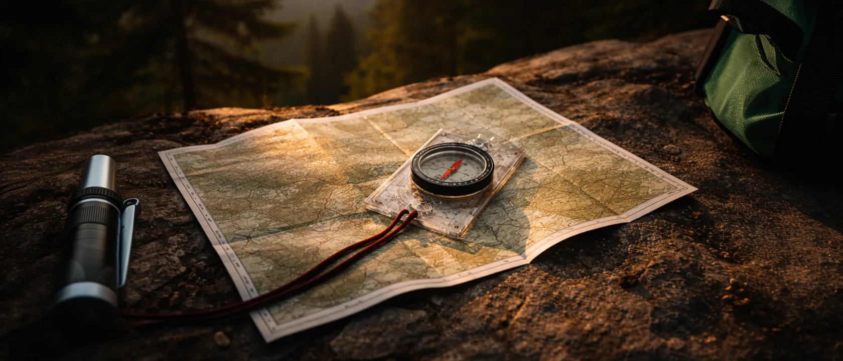 Topografische Karte und Kompass auf einem Felsboden im Gelände