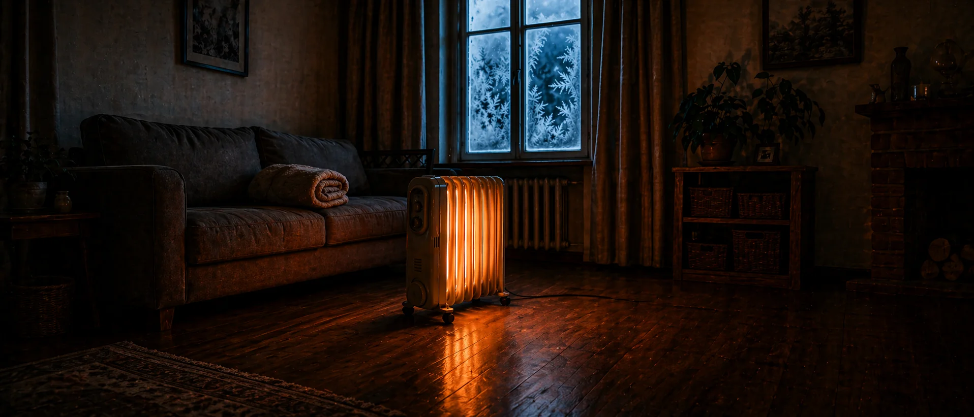 Warm oil-filled radiator in a dark room, frost on the windowpanes, warm backlight