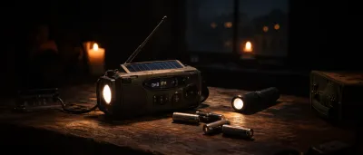 Kurbelradio für Notfälle auf dunklem Untergrund – robust und handlich