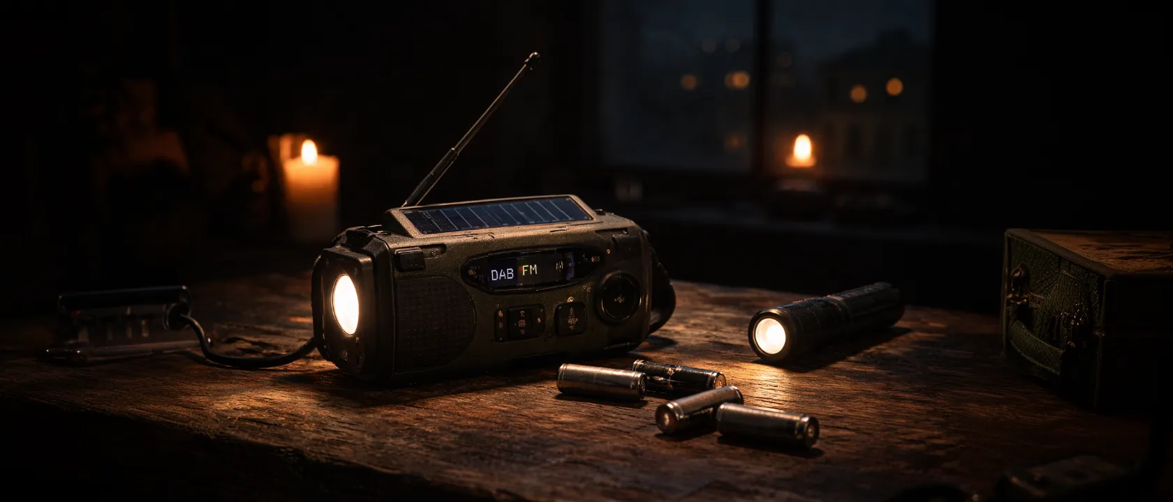 Kurbelradio für Notfälle auf dunklem Untergrund – robust und handlich