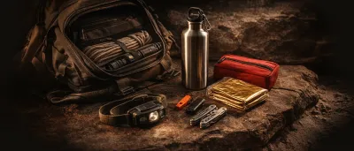 Geöffneter Notfallrucksack mit Ausrüstung auf einem Holztisch