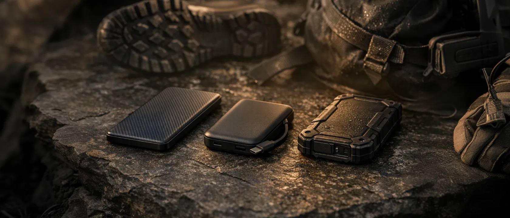 Vier moderne Powerbanks auf dunklem Untergrund im Vergleich