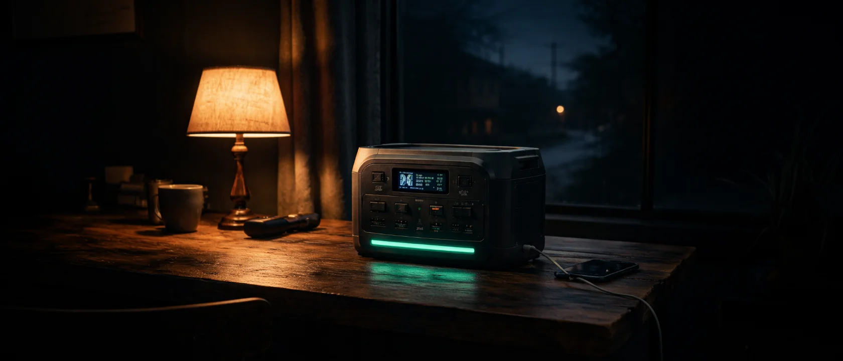 Powerstation auf einem Tisch, beleuchtet von einer Lampe im dunklen Raum