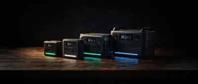 Vier Powerstations nebeneinander auf dunklem Untergrund im Vergleich