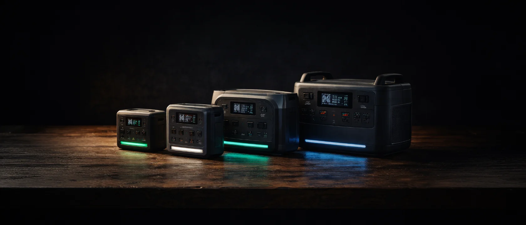 Vier Powerstations nebeneinander auf dunklem Untergrund im Vergleich