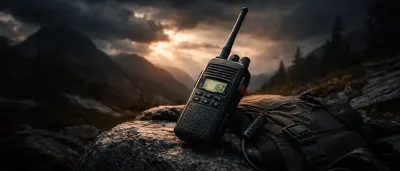 Handfunkgerät in rauer Outdoor-Umgebung bei schlechtem Wetter