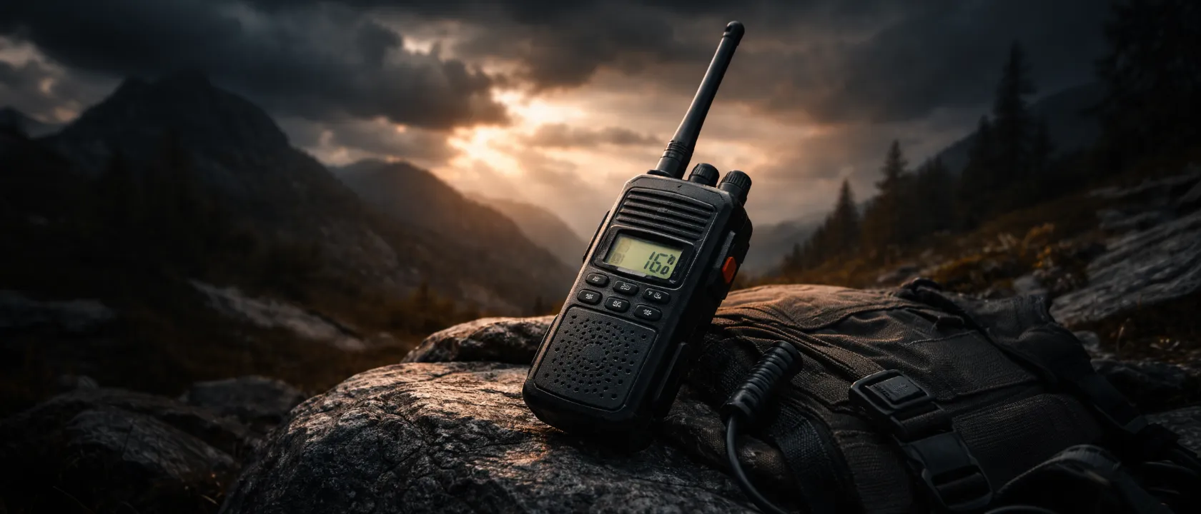 Handfunkgerät in rauer Outdoor-Umgebung bei schlechtem Wetter