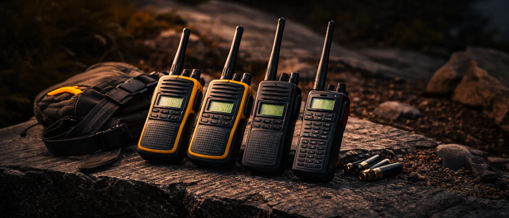 Walkie-Talkies und Amateurfunkgeräte nebeneinander auf dunklem Untergrund