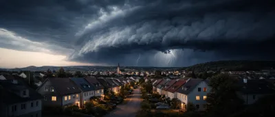 Dunkle Gewitterwolken über einer Stadt – Symbol für Naturkatastrophen und Krisenvorsorge