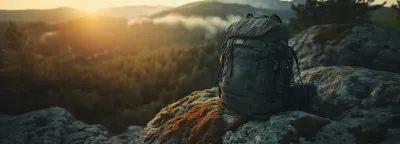 Notfallrucksack auf einem Bergpfad, bereit für den Einsatz