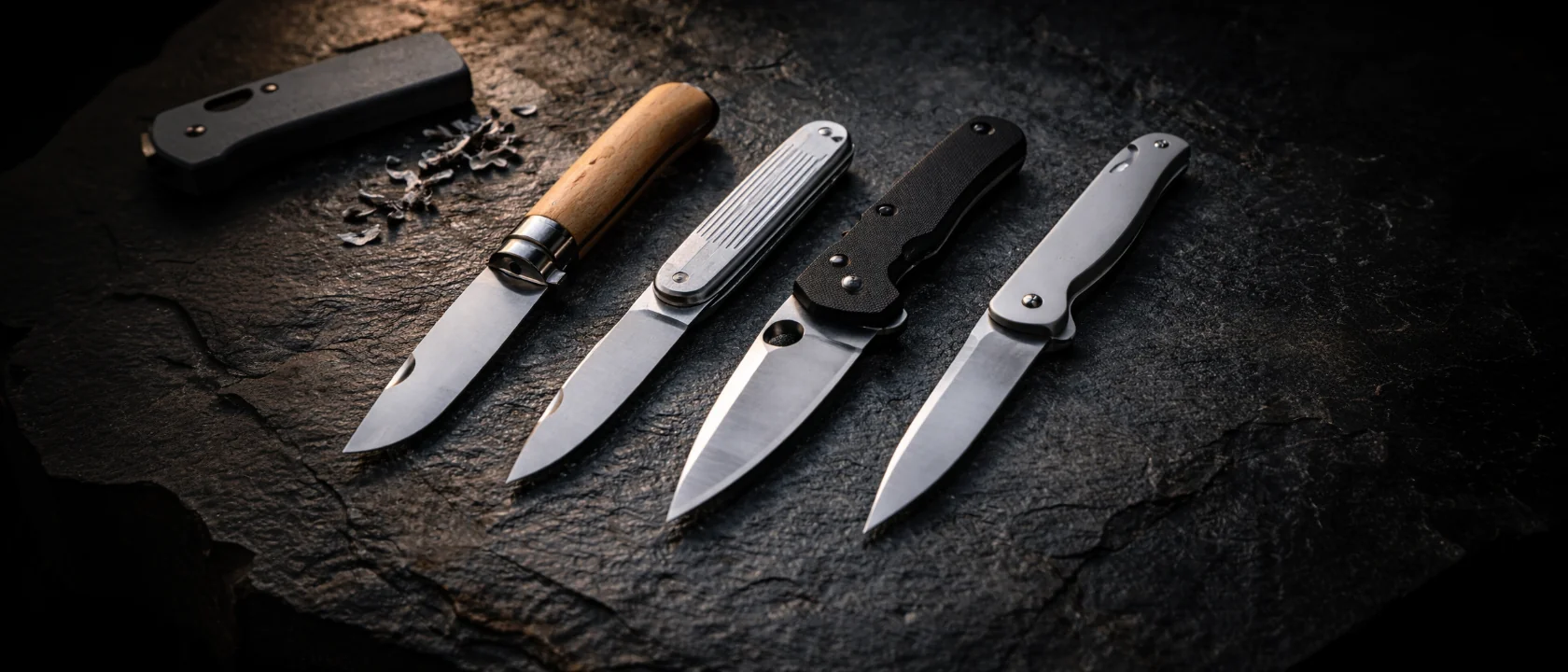 Vier Taschenmesser nebeneinander auf dunklem Untergrund