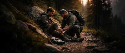 Erste-Hilfe-Ausrüstung ausgebreitet auf einem Rucksack im Freien