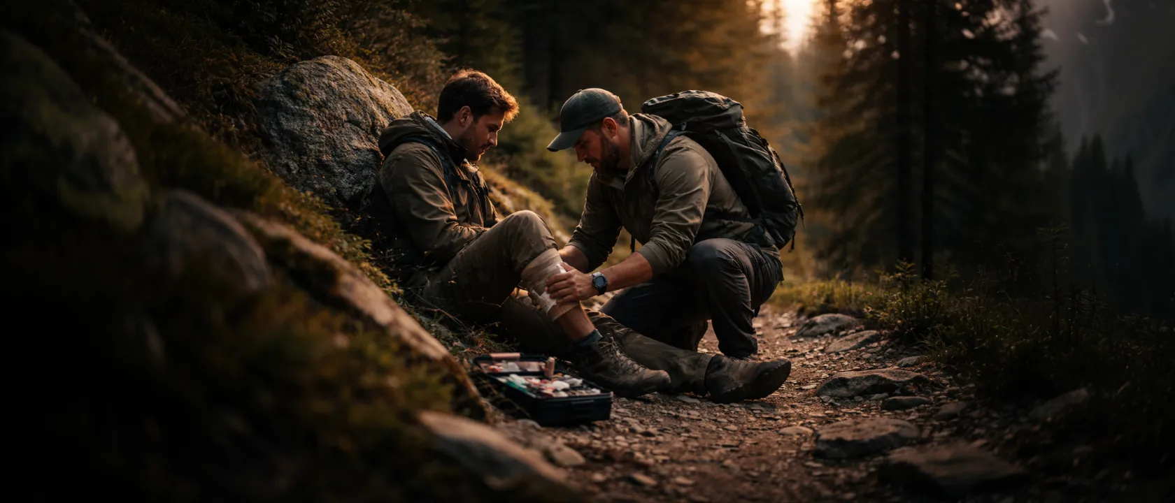 Erste-Hilfe-Ausrüstung ausgebreitet auf einem Rucksack im Freien