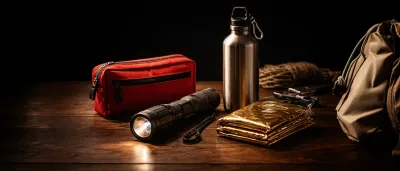 Ordentlich aufgereihte Notfallausrüstung auf einem Holztisch – Taschenlampe, Erste-Hilfe-Kit, Wasserflaschen