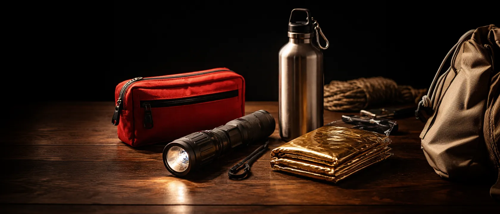 Ordentlich aufgereihte Notfallausrüstung auf einem Holztisch – Taschenlampe, Erste-Hilfe-Kit, Wasserflaschen