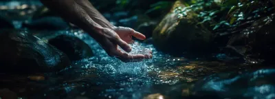 Hände füllen eine Wasserflasche unter einem klaren Wasserstrahl