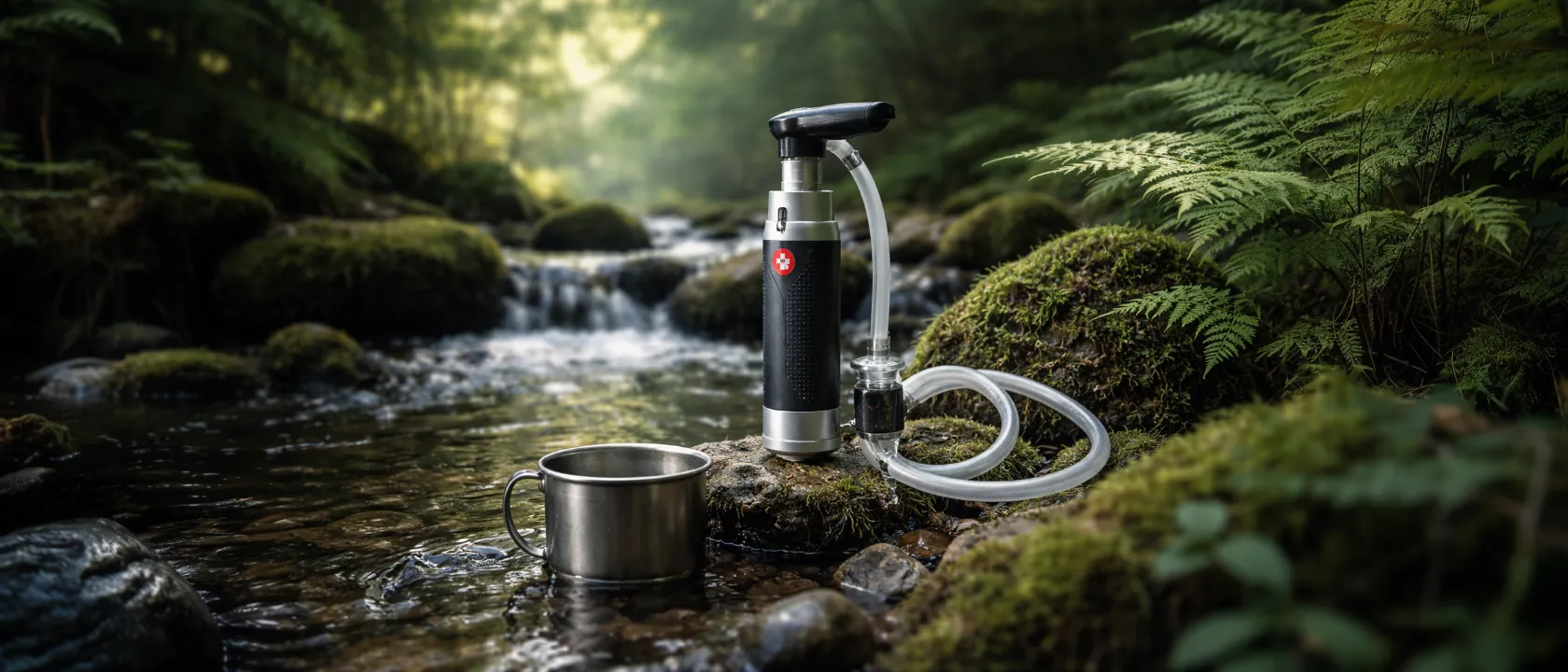 Outdoor-Wasserfilter an einem Waldbach